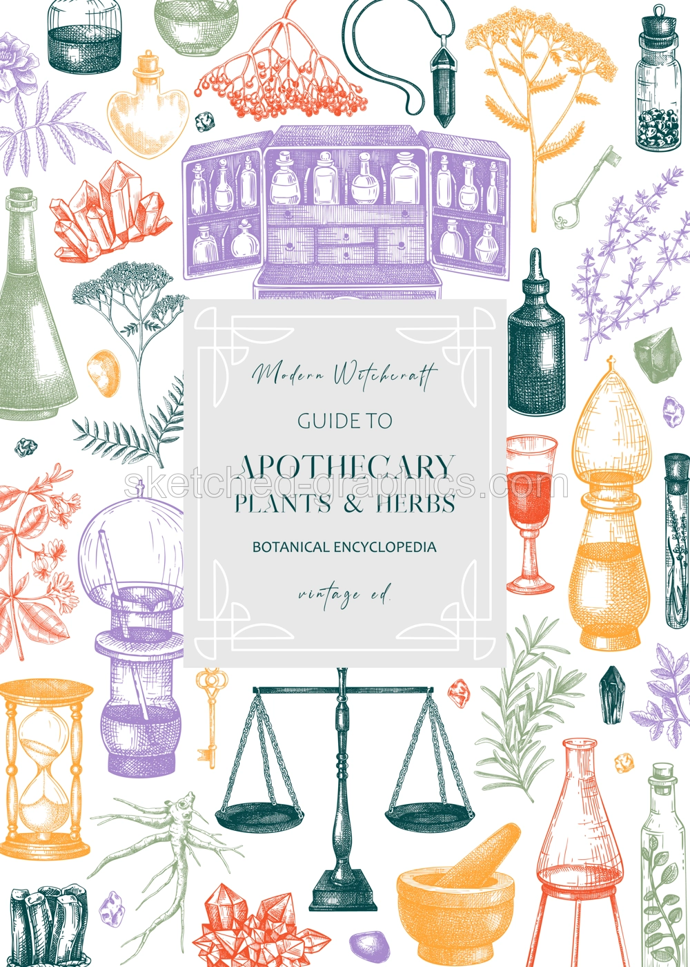 Antique apothecary label design. Herbal medicine hand-drawn vector illustrations. Alchemy sketches in color. NOT AI generated Illustration